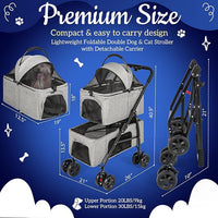 Detachable Pet Double Stroller with 4 Rolling Casters for 2 Pets – Lightweight Multifunctional Travel Stroller with Mesh Windows, Cup Holder, Sun Shades & Storage Pocket for Puppy and Kitty