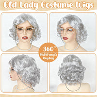Huskein Old Lady Costume, Old Lady Cosplay Silver Bun Wig Glasses Wig Cap Pearl Necklace Bracelet - Silver-lady - image 4