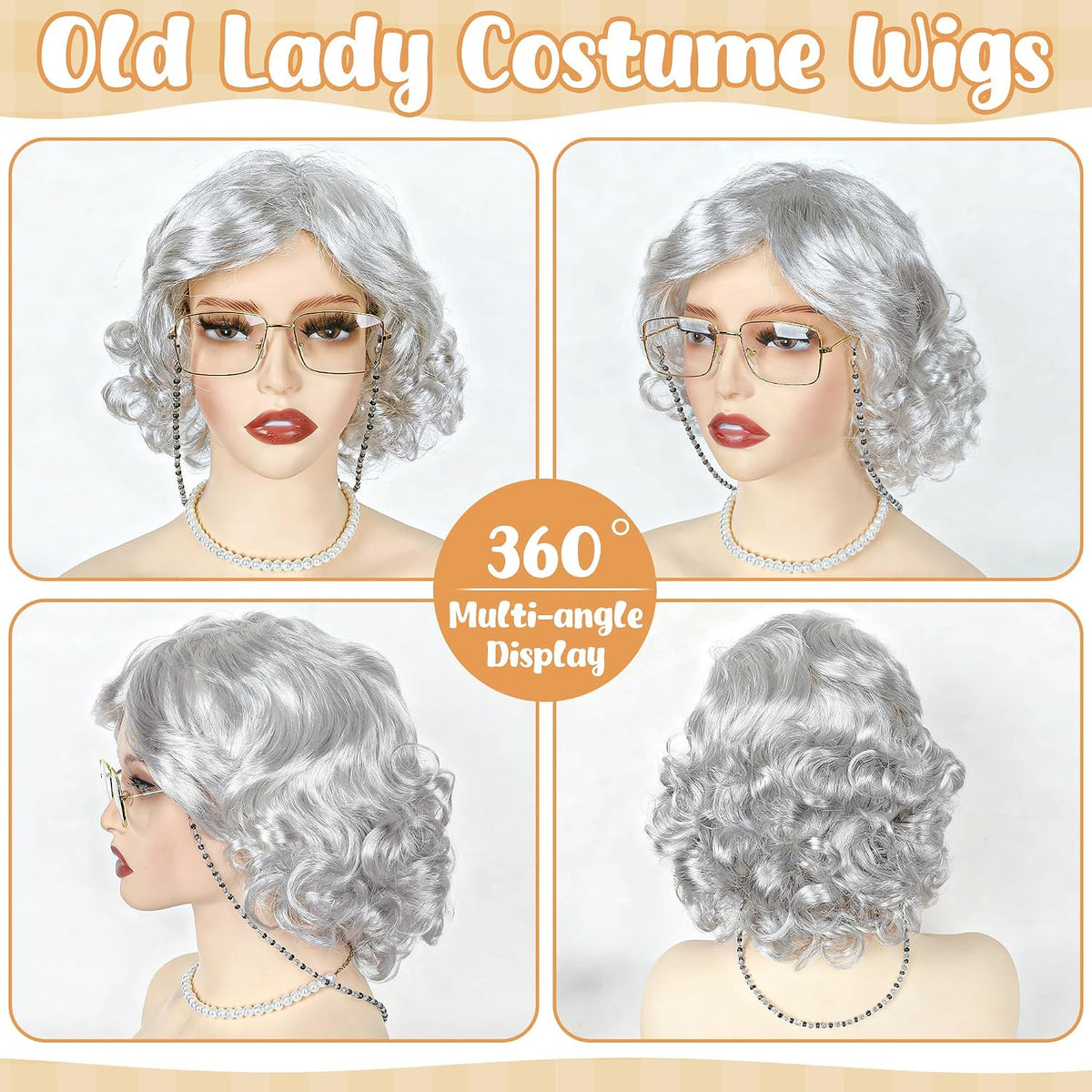 Huskein Old Lady Costume, Old Lady Cosplay Silver Bun Wig Glasses Wig Cap Pearl Necklace Bracelet - Silver-lady - image 4