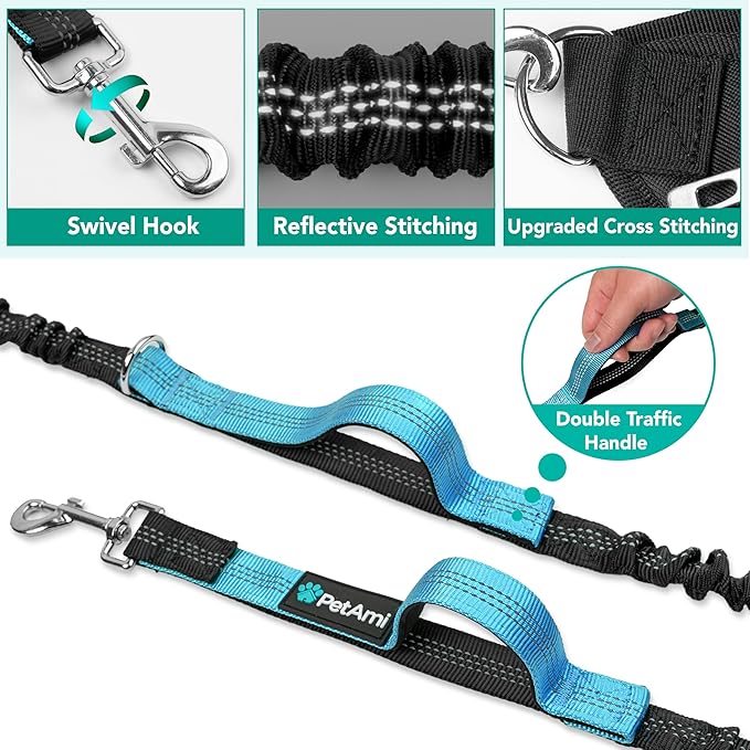 PetAmi Premium Hands Free Dog Leash for 2 Dogs, Adjustable Waist Belt Leash for Dog Walking, Fanny Pack Accessories Bag Dual Bungee Leash for Running, Hiking, Jogging, Biking, Black