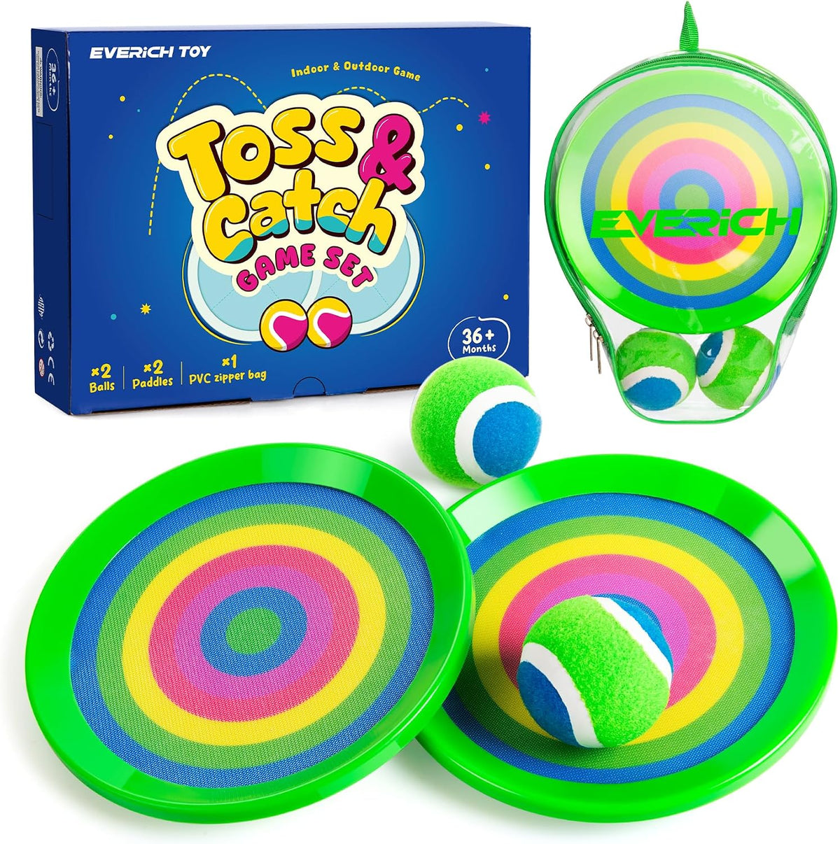 EVERICH TOY Toss and Catch Ball Game Set - Rainbow Green / 2 Paddles 2 Balls