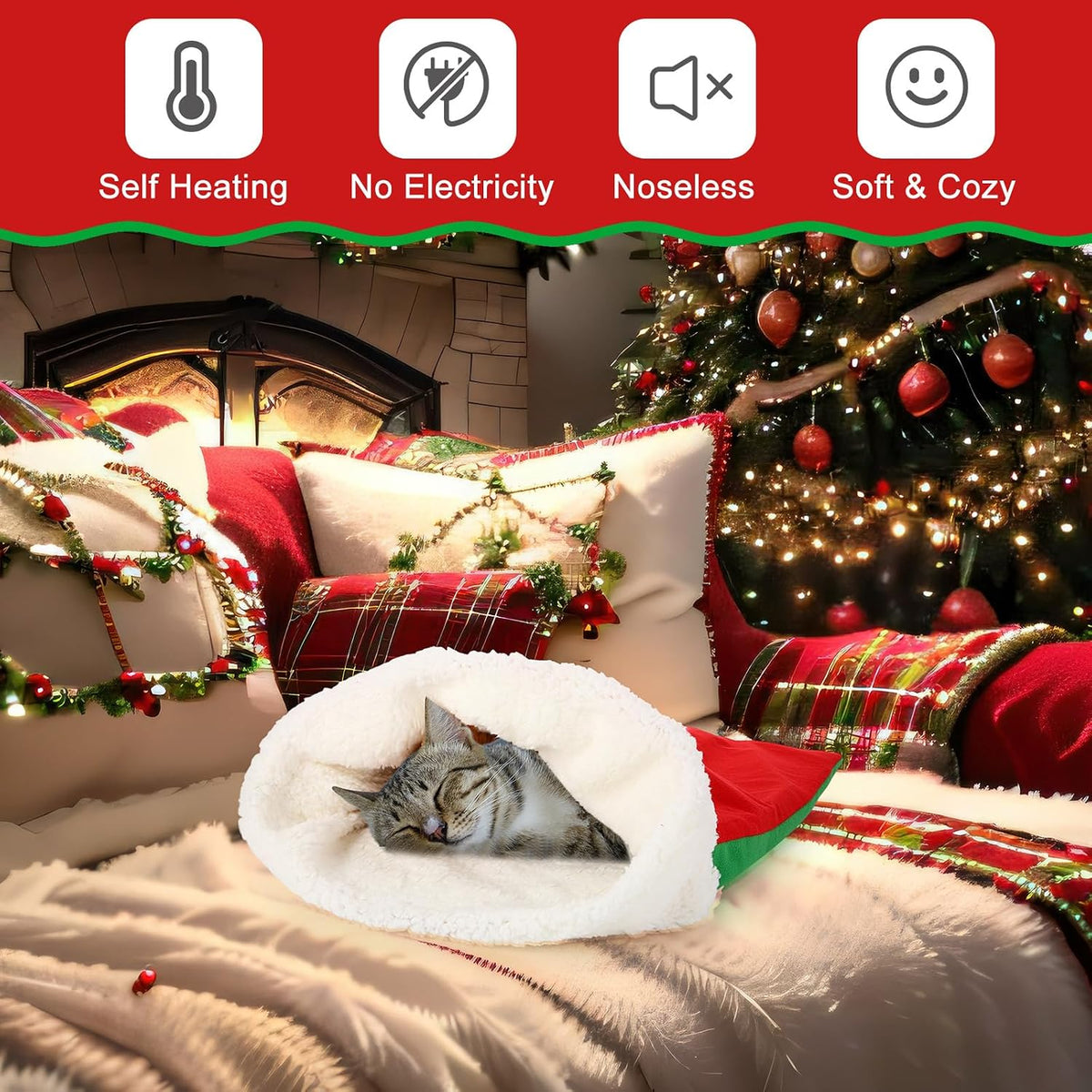 Self Heating Cat Sleeping Bag Indoor Self Warming Cat Bed Cave Heated - Christmas / Red and Green - image 3