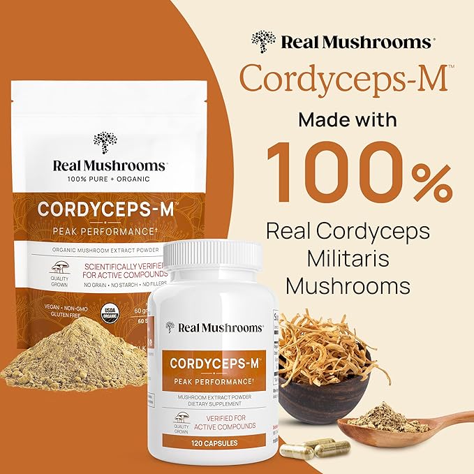 Real Mushrooms Capsules Supplements - Organic Cordyceps Mushroom Powder in Capsules - Energy and Performance Mushrooms with Verified Beta Glucans - Vegan, Non-GMO, 300 Capsules