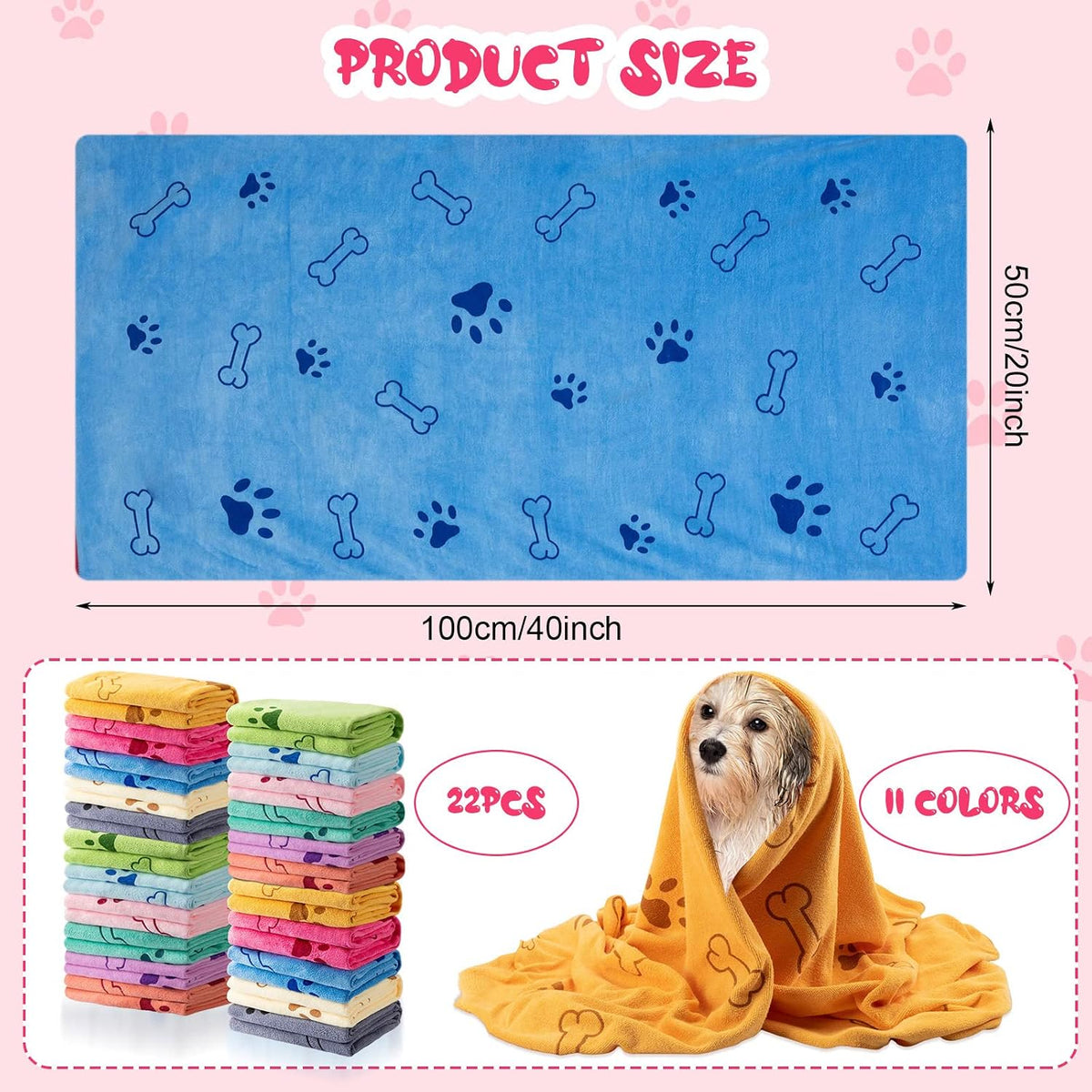 Tatuo 22 Pcs Dog Towels for Drying 20 x 40 Inch Pet Bath Towels - Colorful / Bone Pattern - image 2