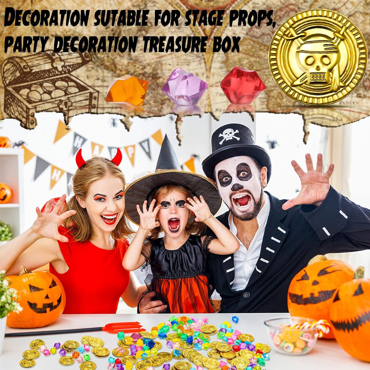 Hanaive 150 Pcs Plastic Pirate Gold Coins Fake Gems Set - Gold / Retro Style - image 4