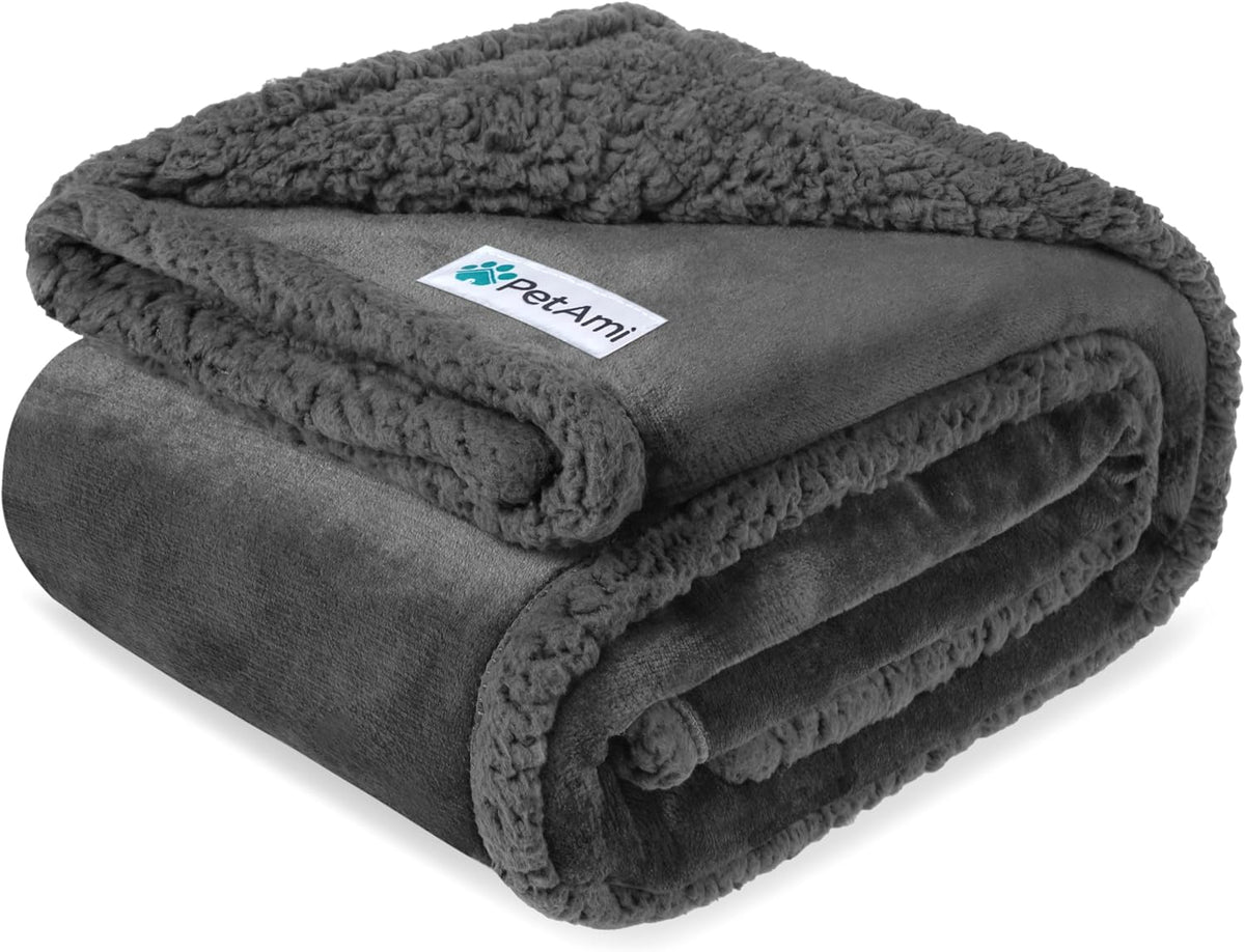 PetAmi 60x80 waterproof dog blanket with reversible fleece and sherpa sides covering a couch