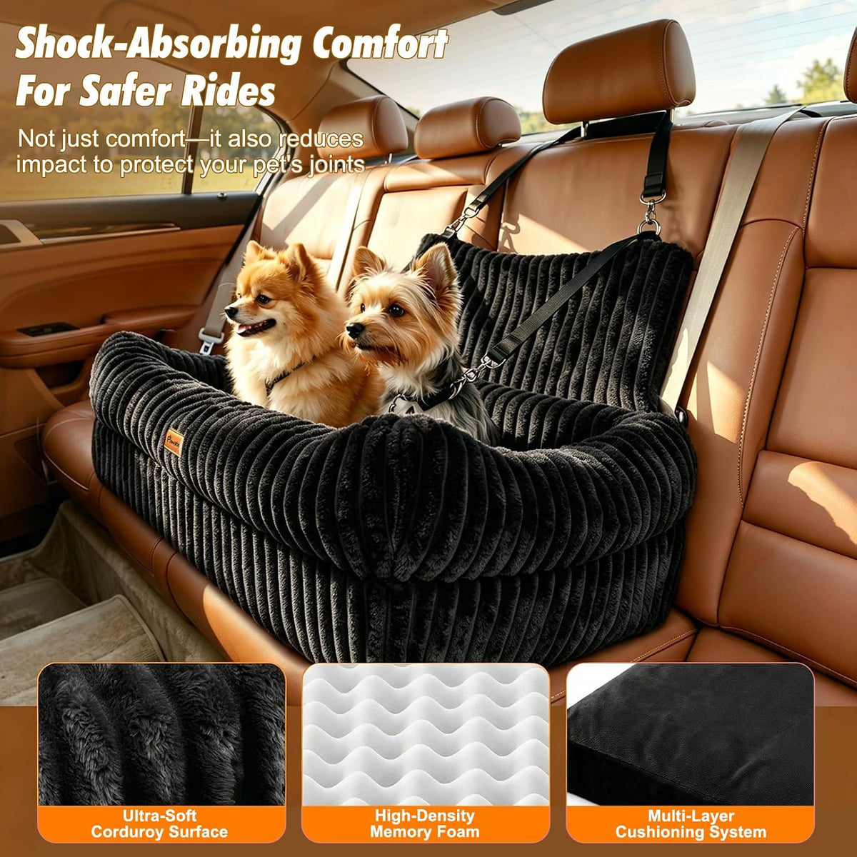 Pawaboo Dog Car Seat Bed, Memory Foam Booster for Medium/Large Dogs, Beige – Essentials for Dogs - Black - image 4
