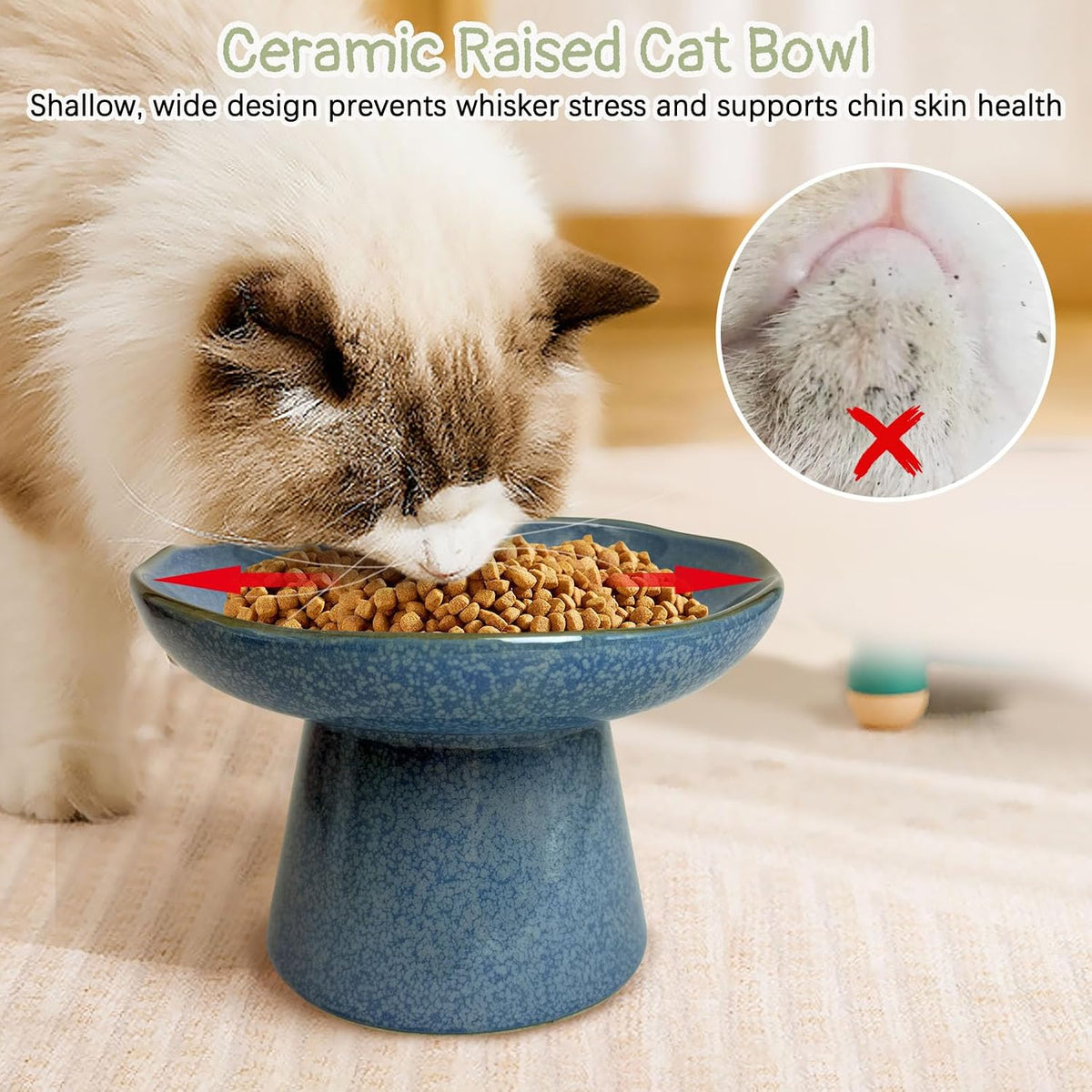 VCEPJH Elevated Cat Bowls 6.1in Wide Shallow Ceramic Raised Food Dish – Essentials for Cats - Blue(Pack of 1) - image 2