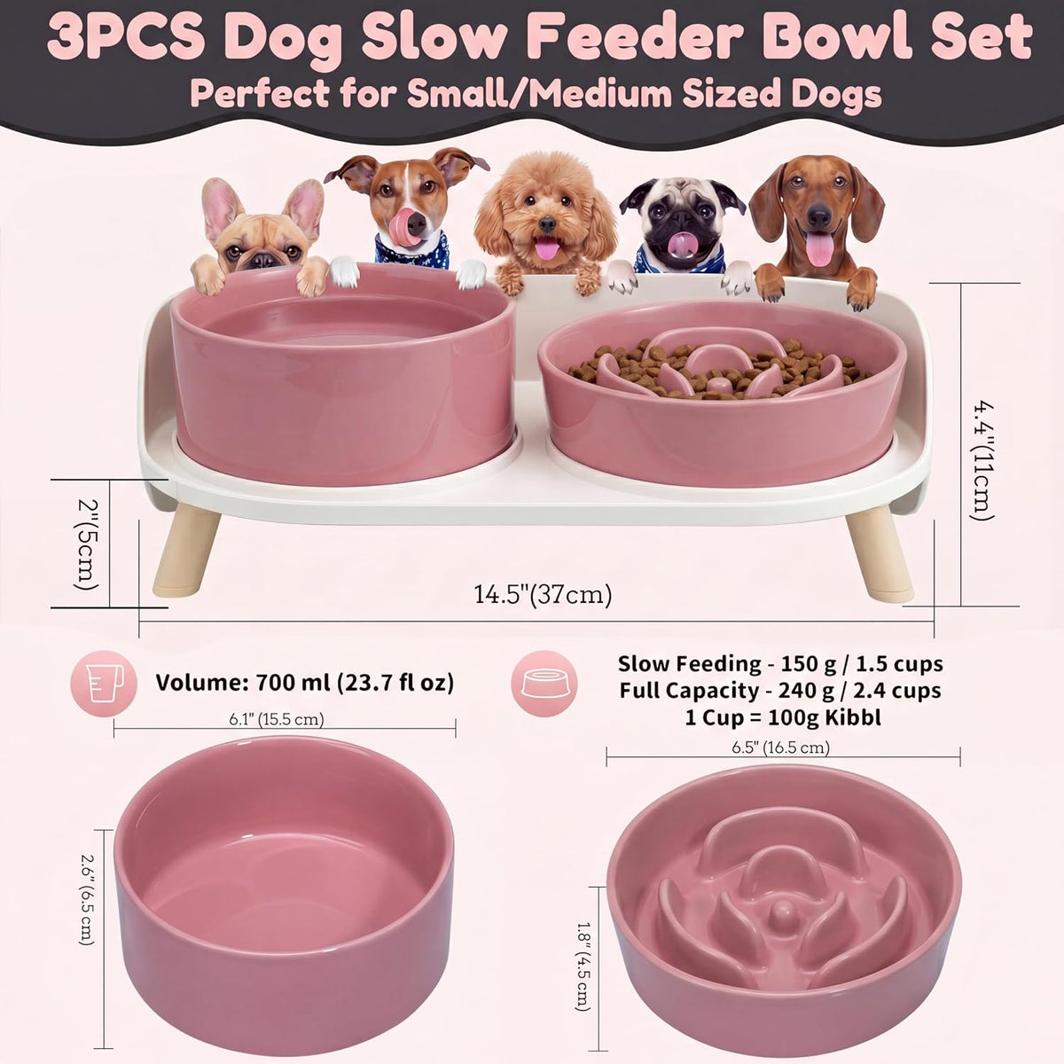 Elevated Slow Feeder Dog Bowls with Splash Proof Stand - Medium / Pink - image 4