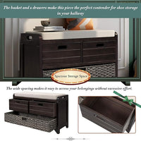 Storage Bench with Removable Basket 2 Drawers Fully Assembled Acacia Wood Shoe Bench Standing Shoe Rack Removable Cushion for Living Room, Entrance Hallway, No Assembly Required Espresso