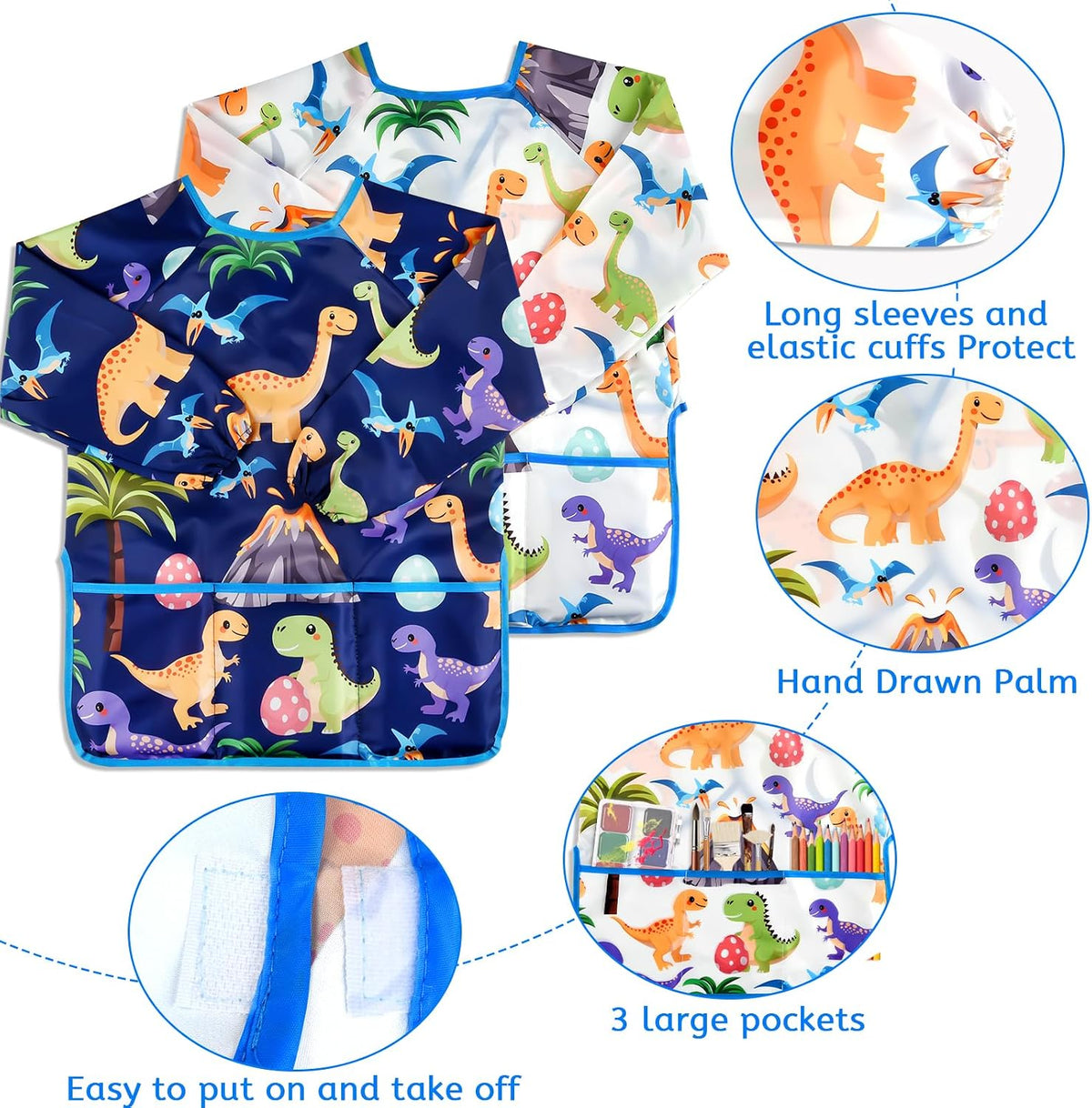 2 Pcs Kids Art Smock Painting Toddler Smock Long Sleeve with 3 - White, Dark-blue / 2 - image 4