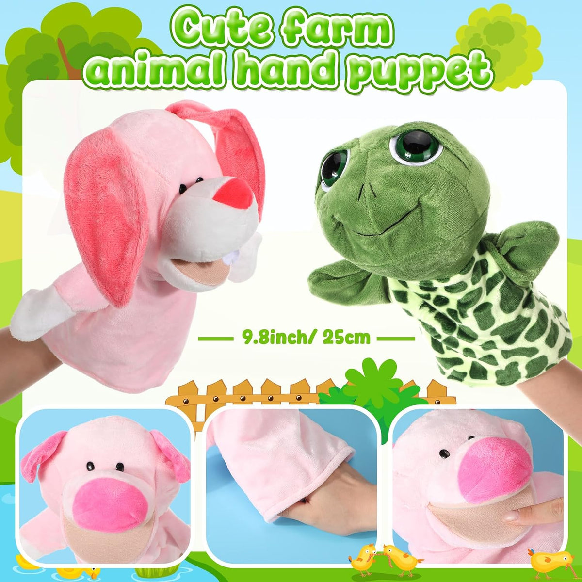 Roundfunny animal hand puppets set of 4: cow, frog, duck and sheep with movable mouths - view 4