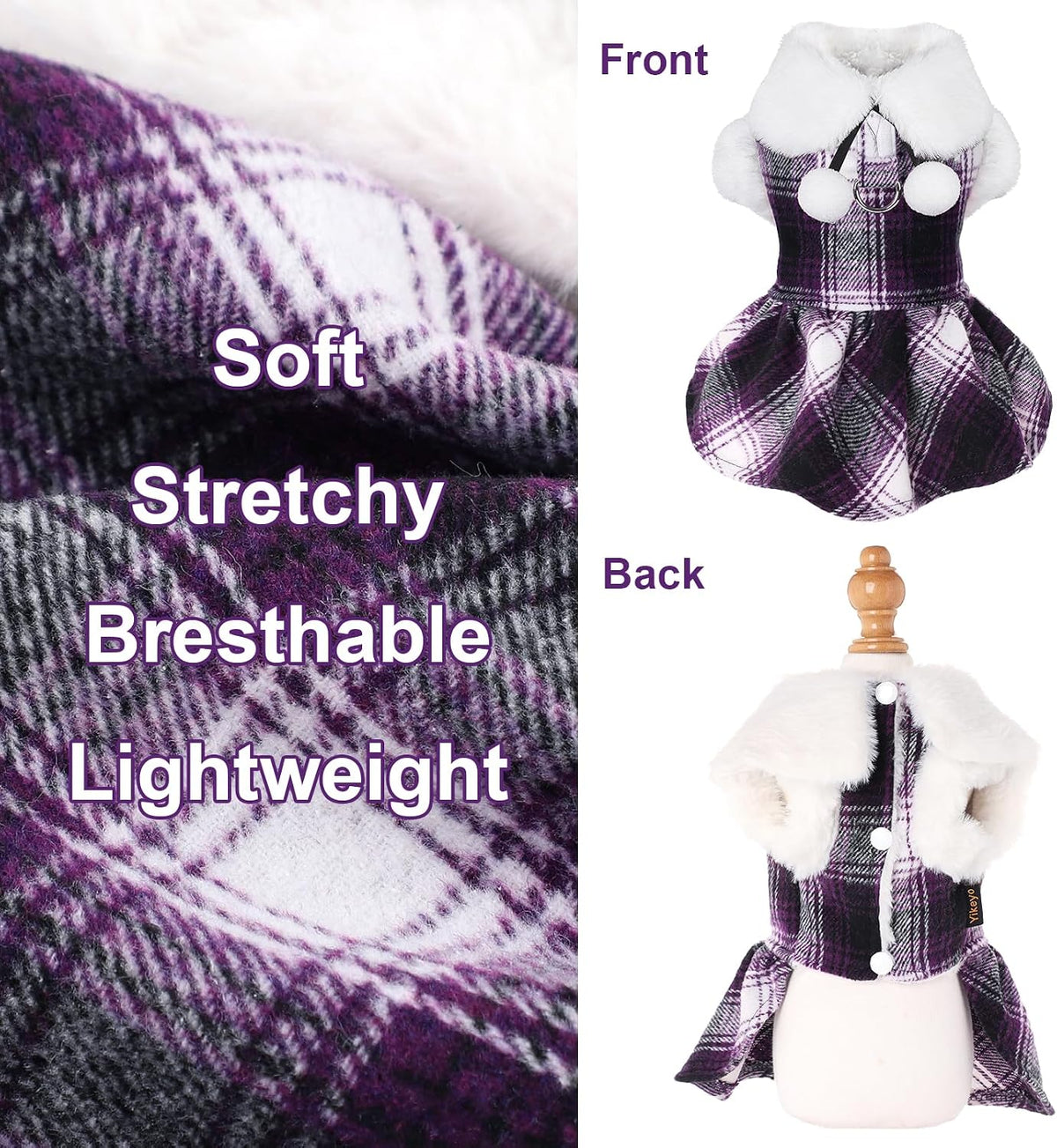 Dog Sweater with Leash Set D Ring Plaid Fleece Dog Clothes for Small - XX-Small (Chest 11in ) / Purple with Leash - image 2