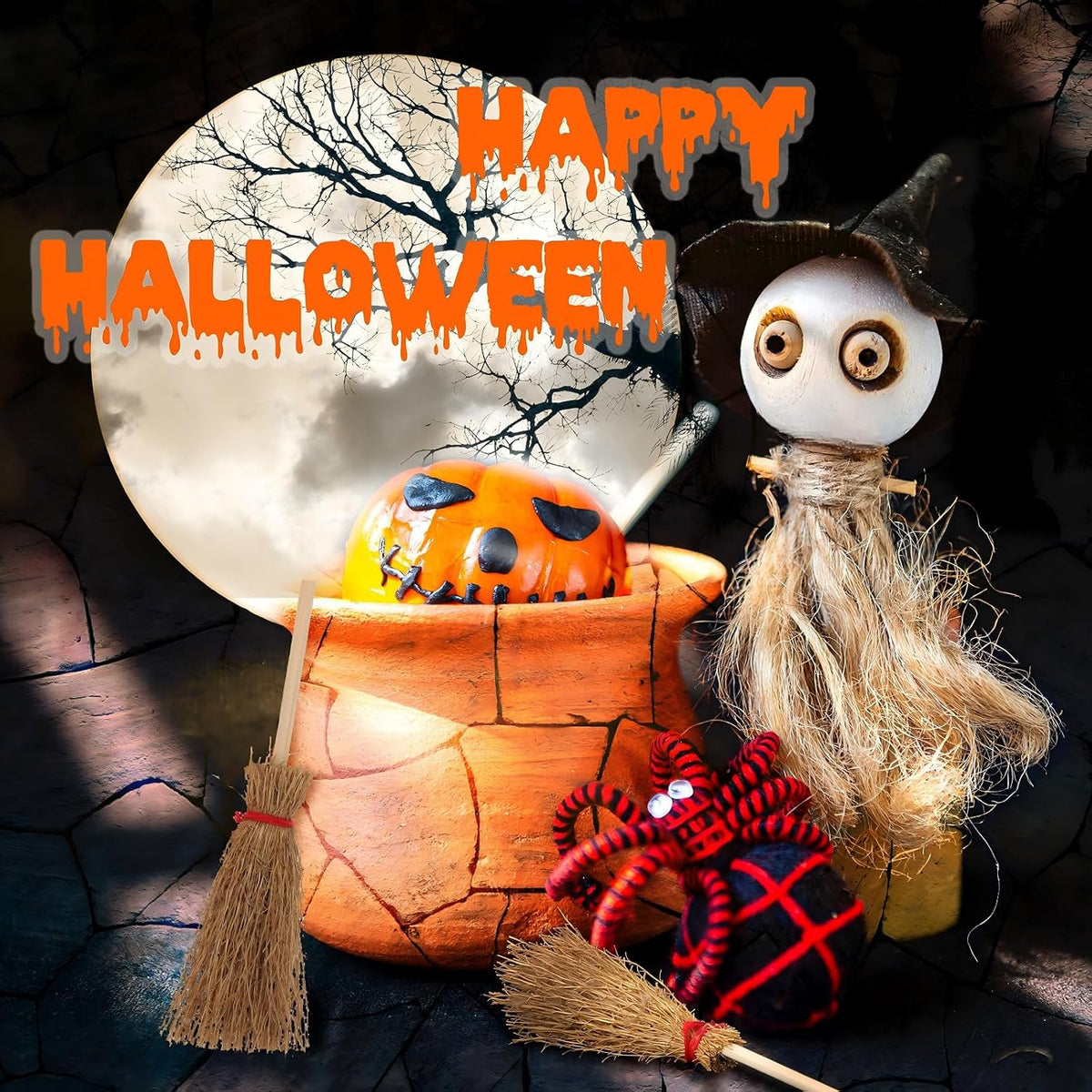 Cindeer mini witch brooms with straw heads, wooden handles and red rope ties - view 4