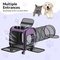 Rolling Cat Carrier with Wheels Dog Carrier for Small Dogs & Medium Cats, Expandable Pet Carrier on Wheels with Cat Play Tunnel, Large Capacity, Breathable Mesh, Side Pocket, Purple