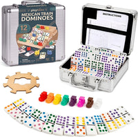 Jumbo Double Six Dominoes Set for Adults, Black Tiles - Double-12 Mexican Train | Aluminum Case