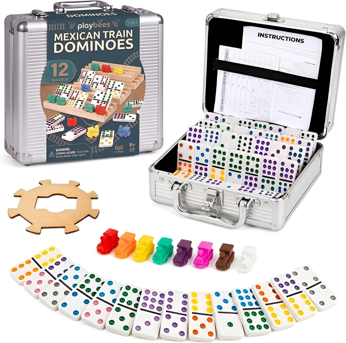 Jumbo Double Six Dominoes Set for Adults, Black Tiles - Double-12 Mexican Train | Aluminum Case