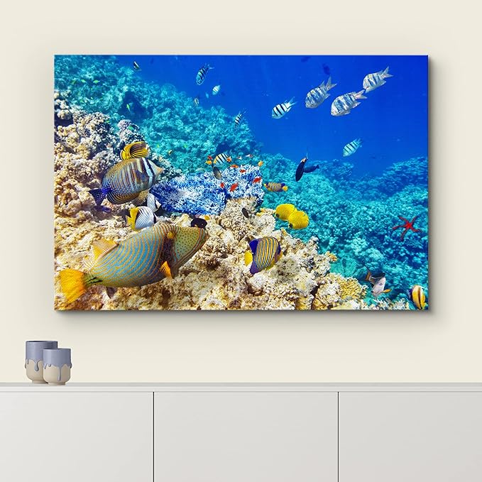 wall26 Canvas Print Wall Art Underwater Neon Blue Teal Ocean Water Fish Nature Animals Photography Realism Rustic Scenic Landscape Wilderness Earth for Living Room, Bedroom, Office - 16"x24"
