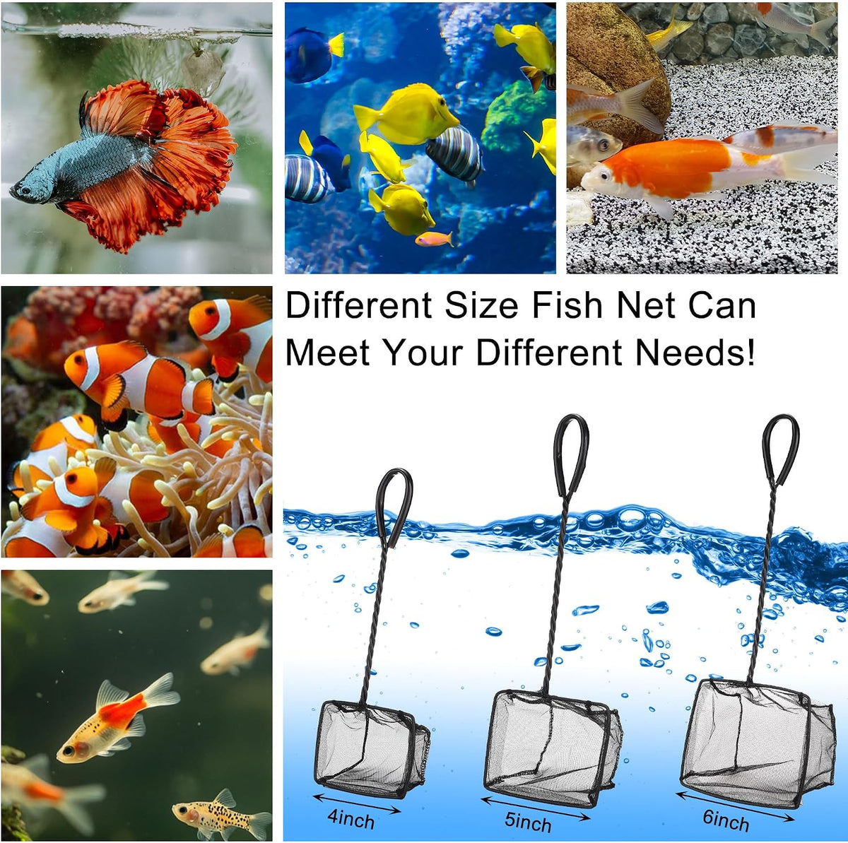 2 Pack Aquarium Fish Net Fine Mesh Quick Catch Tank Skimmer 5 Inch – Essentials for Fish - Black / Multi-Size Set: 4"/5"/6" (3-Pack) - image 3