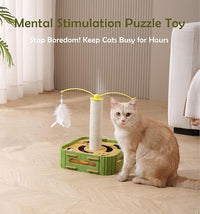 Interactive Cat Puzzle Toy - Scratching Post with Spinning Balls & Feathers for Indoor Cats, Satisfies Hunting Instinct, Self-Play Mental Stimulation Game with Rolling Track