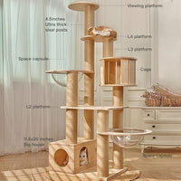 Modern Multi-Level Large Real Solid Wood Cat Tree, Luxury Wooden Cat Tower Cat Condo with Multi-Layer Platform for Indoor Cats