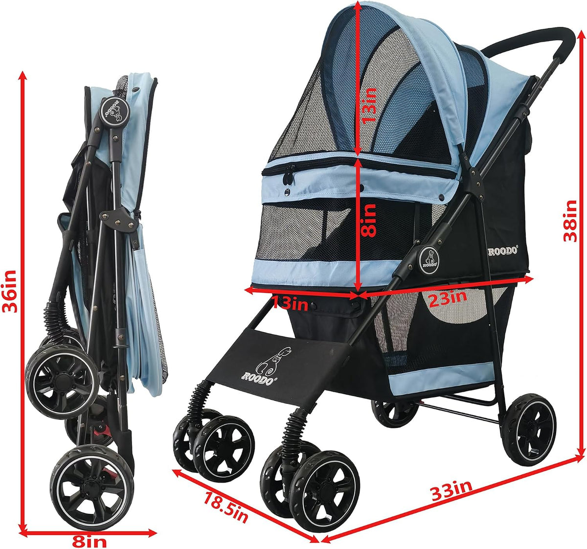 ROODO 4 Wheel Dog Cat Pet Stroller Best Lightweight Foldable Compact - Sky blue - image 3