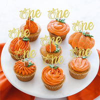 24 PCS Pumpkin Oh Baby Cupcake Toppers Glitter Fall Theme pumpkin - Design 6-gold - image 3