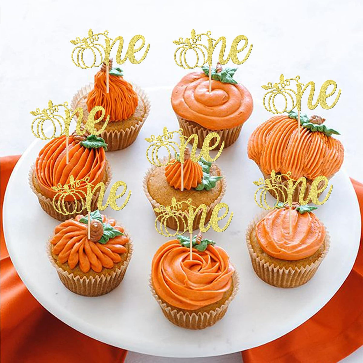 24 PCS Pumpkin Oh Baby Cupcake Toppers Glitter Fall Theme pumpkin - Design 6-gold - image 3