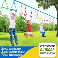 Ninja Obstacle Course Attachments - 7 Course Rings, 2 Monkey Bars, 2 Warrior Wheels, Outdoor Training Set