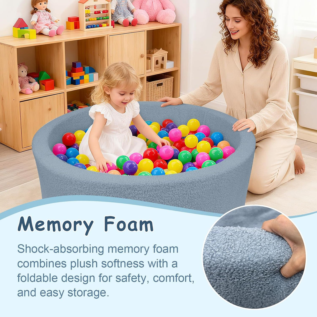 MEOGETY beige teddy fleece foam ball pit for toddlers with soft round walls - view 20