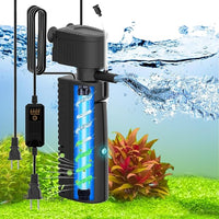 Fish Tank Filter with U - V Light & Timer (3/6/12/24 Hours) for Green Water Cleaning, Aquarium Filter with Aeration Turtle Tank Filter with Pre-Filter Sponge for Tanks 10-40 Gallon