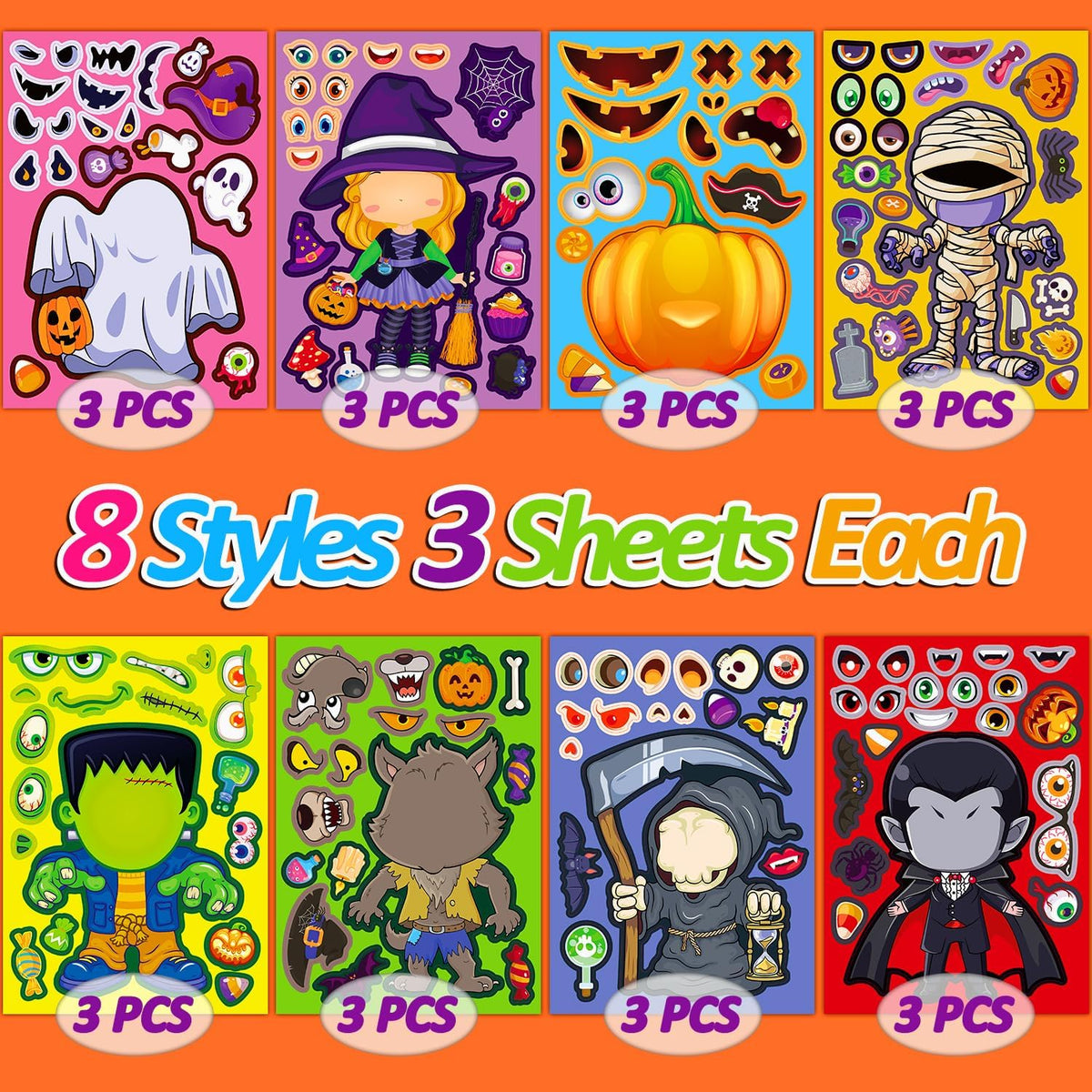 Halloween Stickers for Kids, 24 DIY Face Sheets - Halloween - image 2