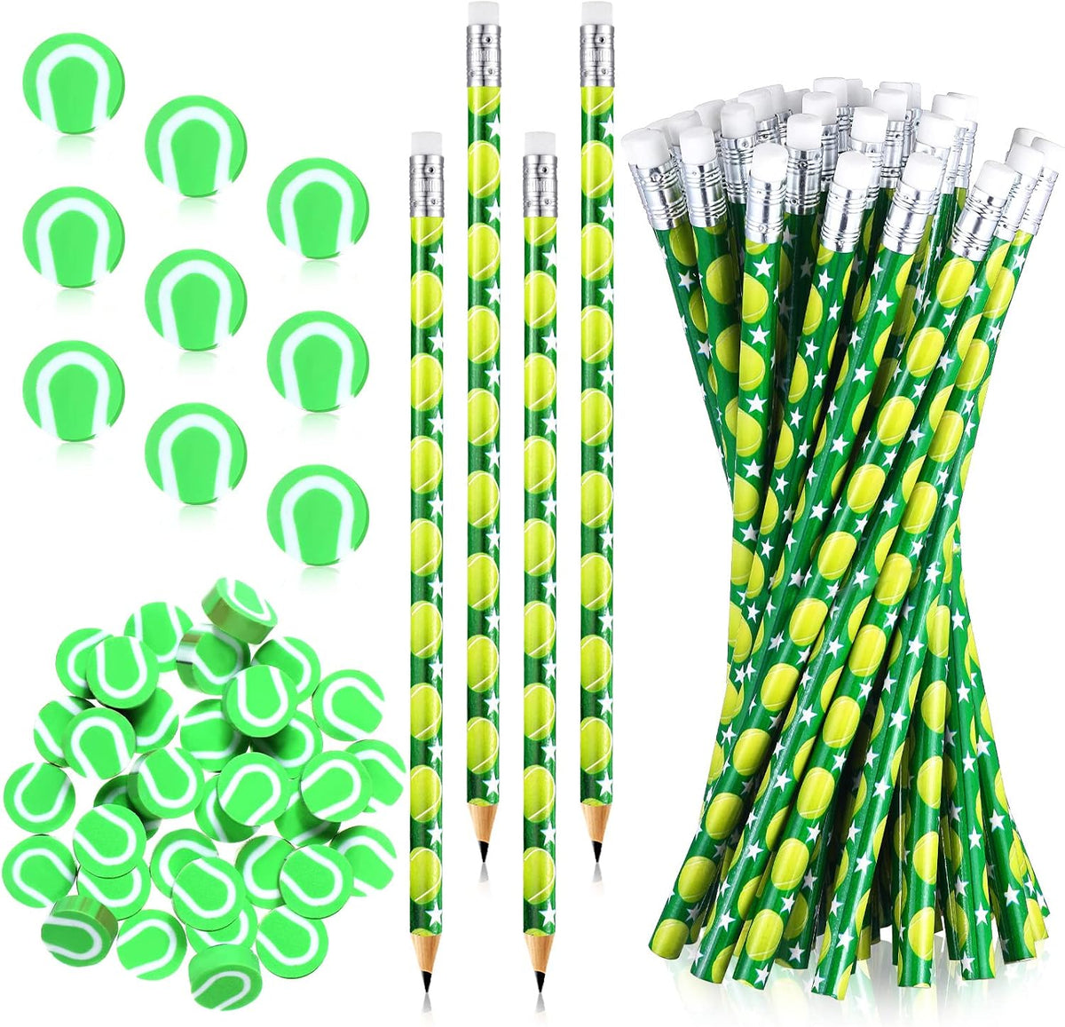 Tinlade 72 Pcs Sports Pencils and Erasers for Boys, Party Favors – Fun for Kids & Family - Tennis