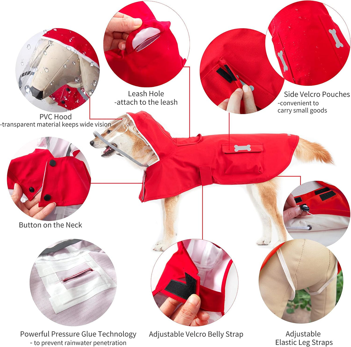 MAMORE Dog Raincoat Waterproof Reflective Adjustable Pet Rain Jacket - Medium: 13-22lbs / Red - image 3