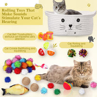 Zopeal 58 Pcs Cat Toy Set with Storage Basket Indoor, Grey - White / 9.8 Inch - image 3