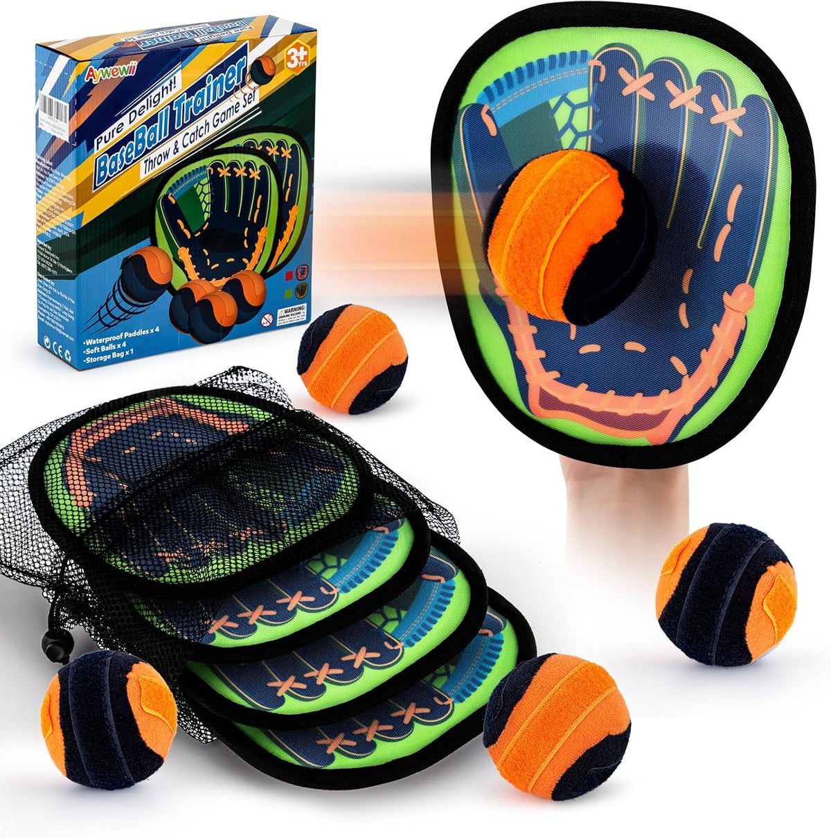 Aywewii toss and catch game with sticky hook and loop paddles and soft balls - view 2