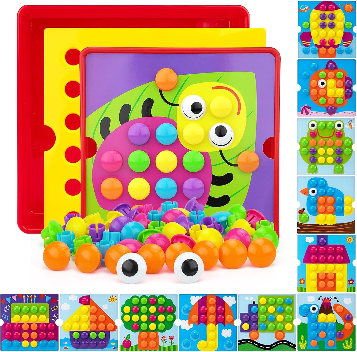 Button Art Toys for Toddlers Ages 3+, Mosaic Peg Board – Fun for Kids & Family - bug
