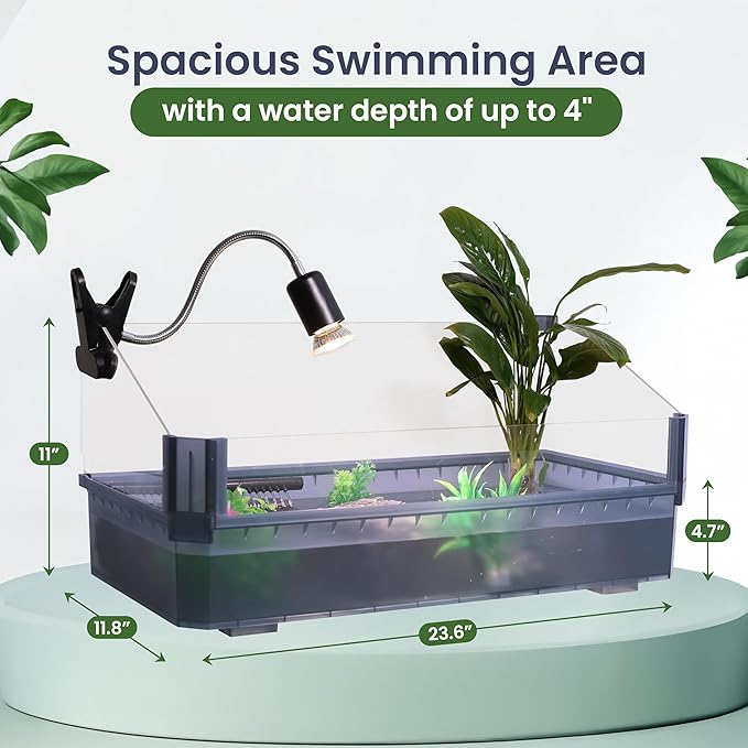 Large Turtle Tank Kit for Aquatic Turtles – Complete Starter Habitat with Filter, UVB Lamp, Basking Platform, Plants, Feeding Ring – Turtle Aquarium Kit (Black)