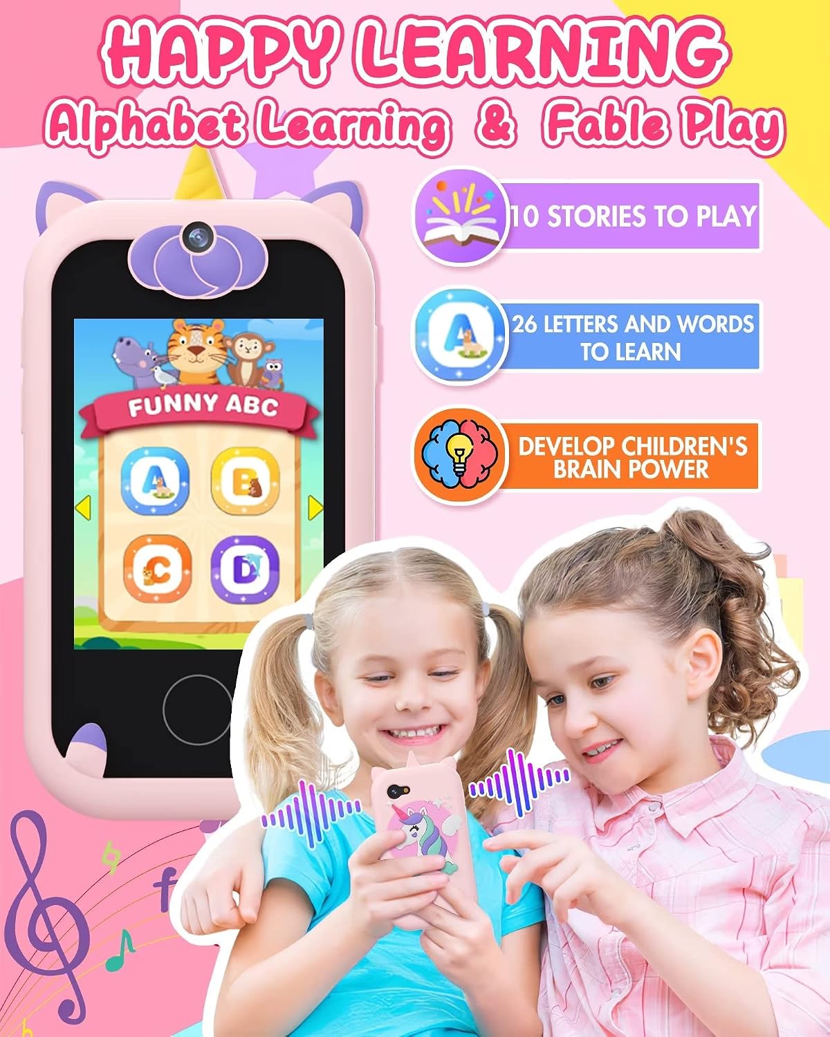 Joozfee kids smart phone toy in pink with unicorn design, dual camera and lanyard - view 4
