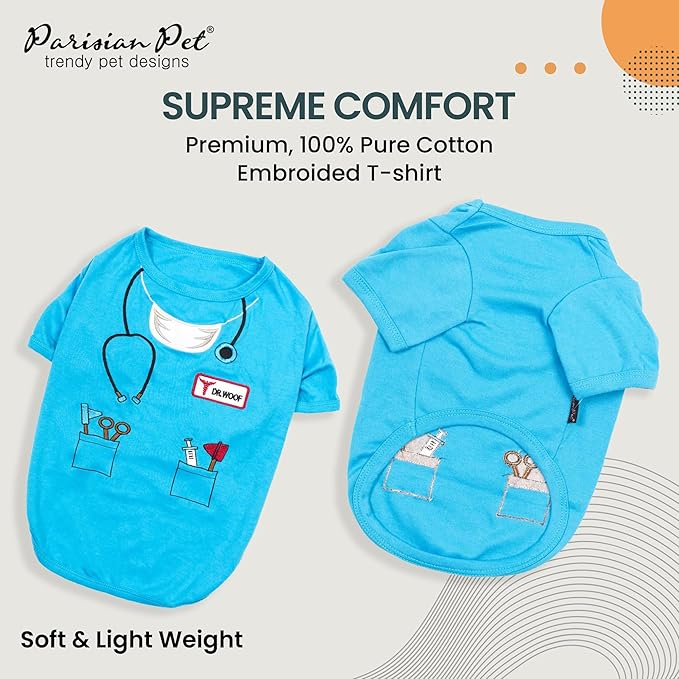 Parisian Pet Doctor Woof Dog Shirt - Embroidered Dog Pirate Costume - 100% Cotton & Polyester Doctor Outfit for Dog - Sleeved Dog Clothes - Blue Funny Dog Shirts for Large Dogs - Pet Costumes - L