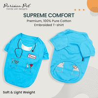 Parisian Pet Doctor Woof Shirt - Embroidered Pirate Costume - Cotton & Polyester Outfit - Sleeved Clothes - Blue Funny Shirts for Large Dogs - Pet Costumes - 3XL