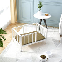 Dog Bed with Rails - Elevated Pet Metal Bed Frame with Solid Wood Board and Washable Soft Mat for Small Dog Indoor or Outdoor Use, 21.3" x 30 ", White