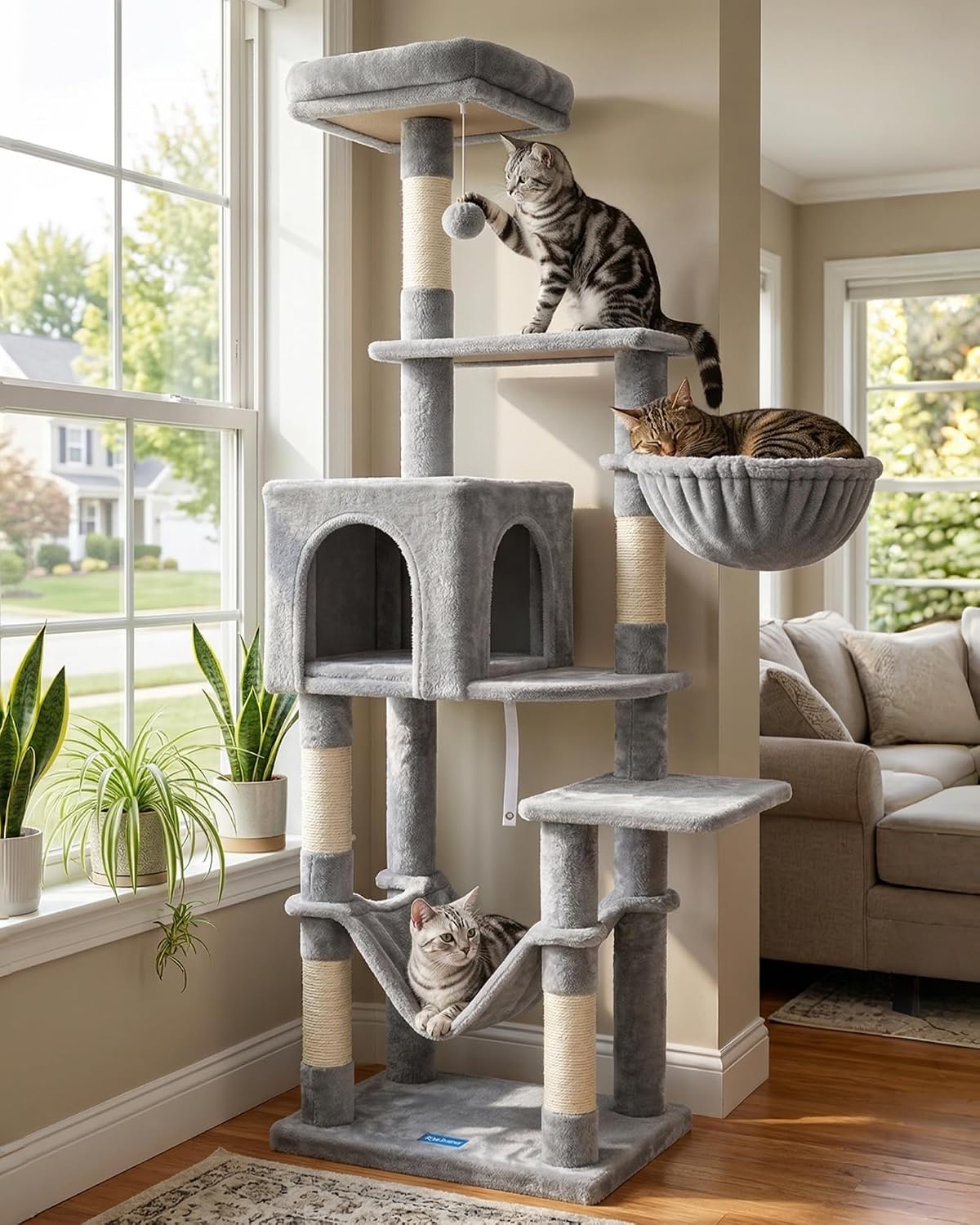 Hey-brother Cat Tree, Multi-Level Sisal Covered Scratching Posts - Light Gray / 60.6 Inches