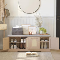 DINZI LVJ Shoe Bench, Entryway Storage Bench with Doors, Cushion, 2-Tier Shoe Rack with 8-Cubby, 47.2”L x 13.8”W Shoe Organizer Cabinet, Adjustable Shelf, Living Room, Bedroom, Natural with Rattan