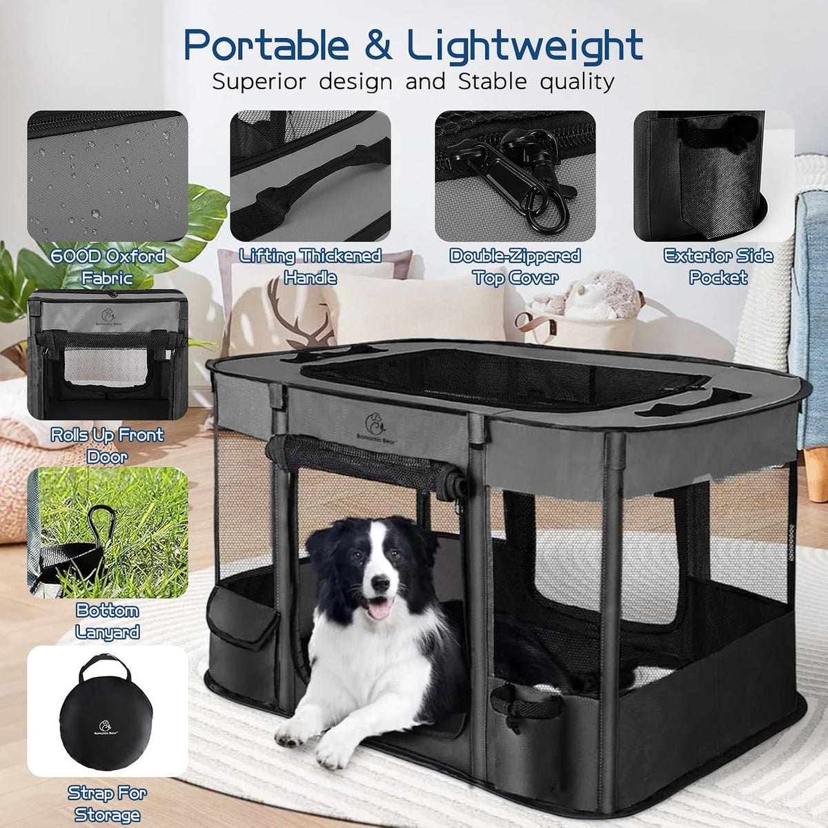 ROMANTIC BEAR Dog Playpen, Foldable Pet Puppy Cat Playpen, L - Grey / Medium(31"x23"x21") - image 3