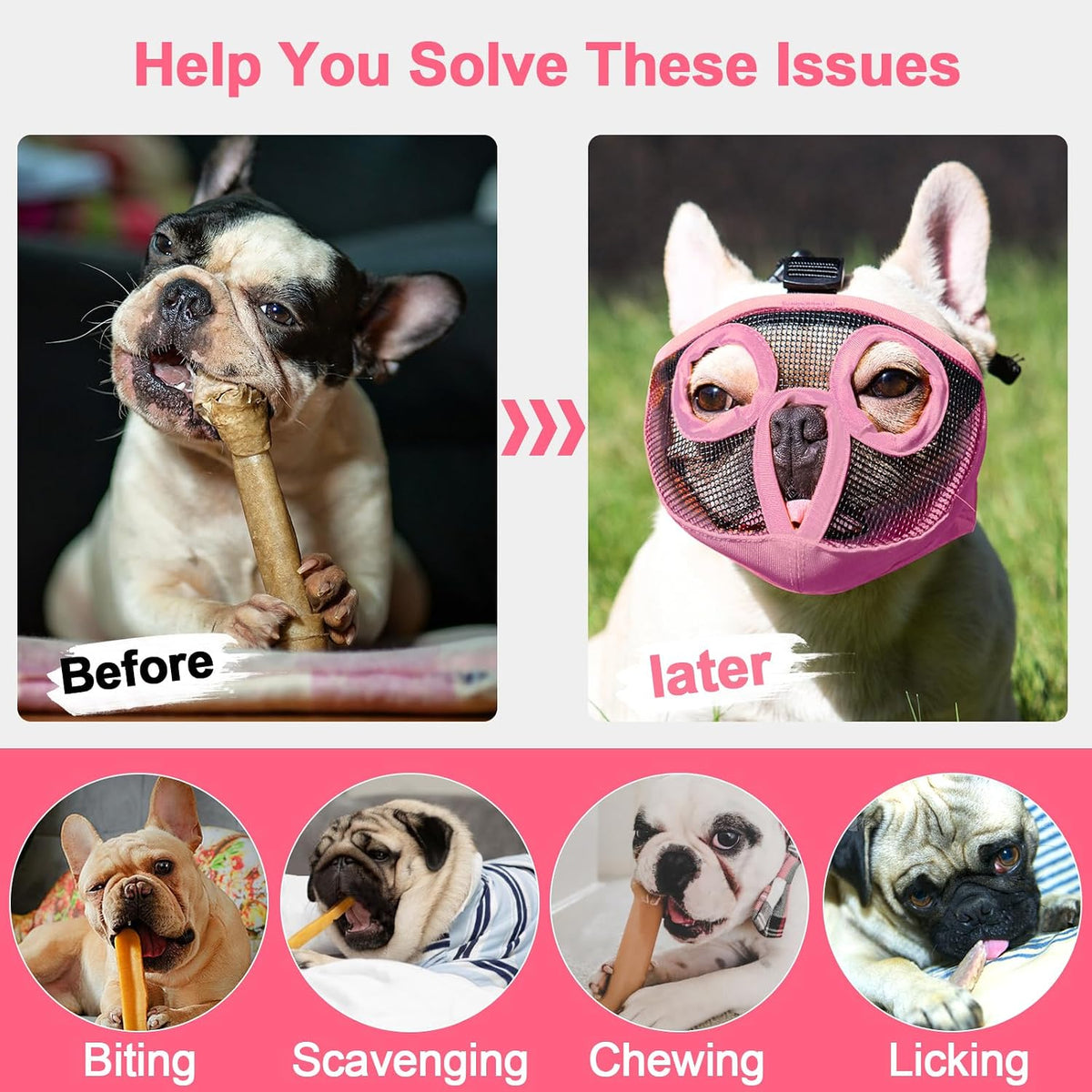 Short Snout Dog Muzzle - Adjustable Breathable Mesh Bulldog Muzzle for Biting Chewing Barking - Pink / X-large/ 18"-25" - image 3