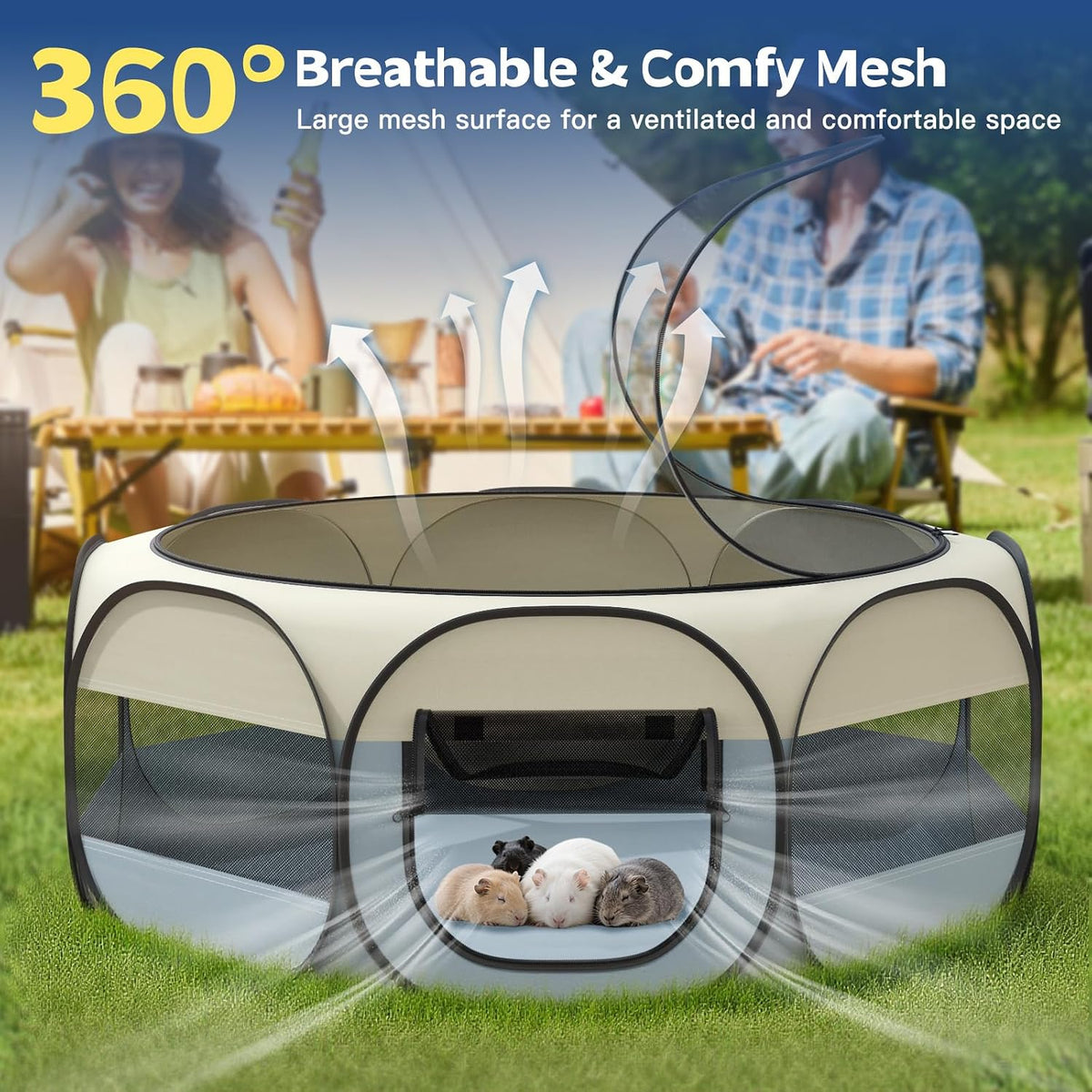 Small Animals Playpen, Waterproof Pet Tent with Zippered Top - Beige + Gray - image 3