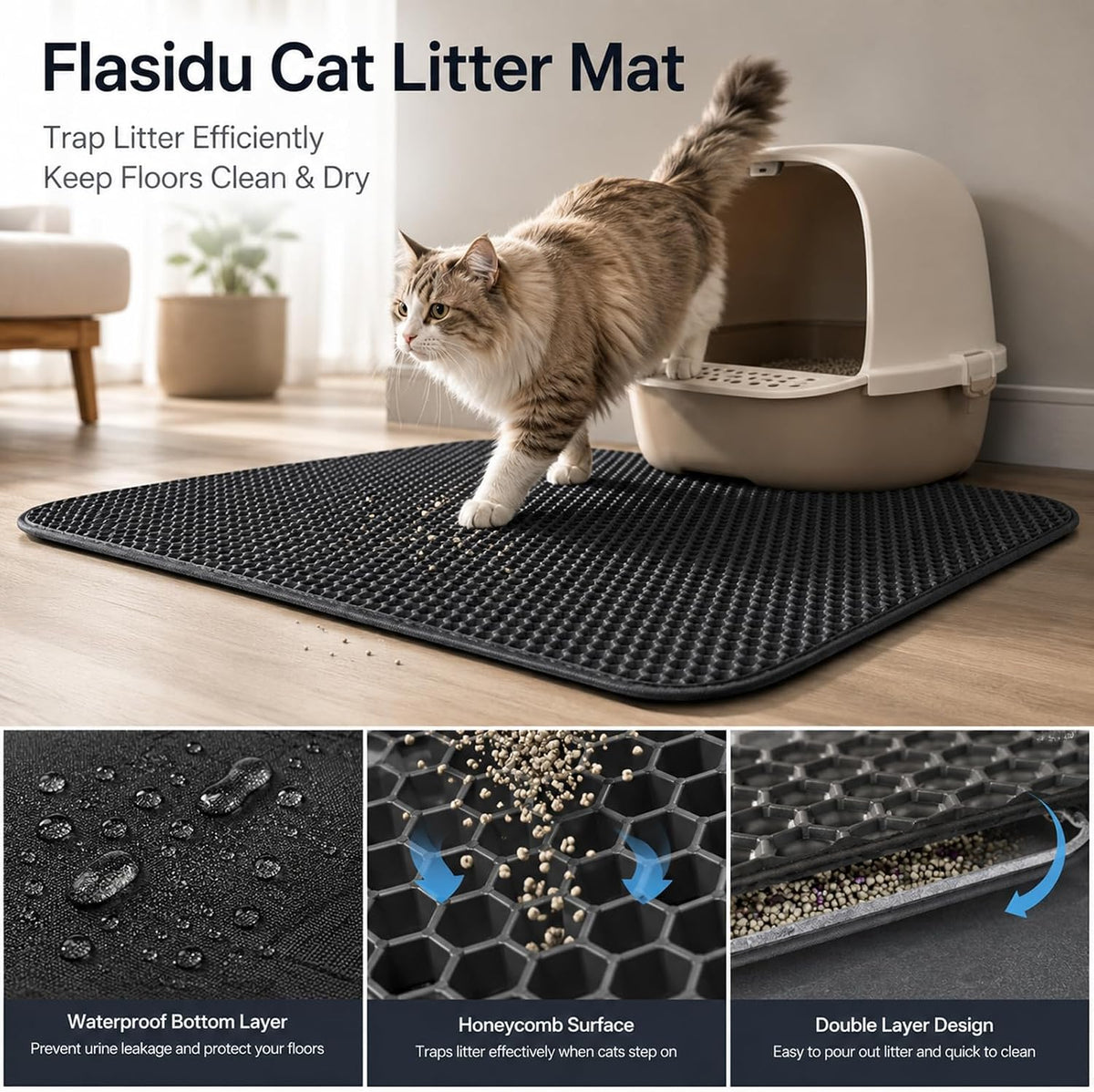 Cat Litter Mat, 30" x 22" Extra-Large - Black / 30x22in - image 2
