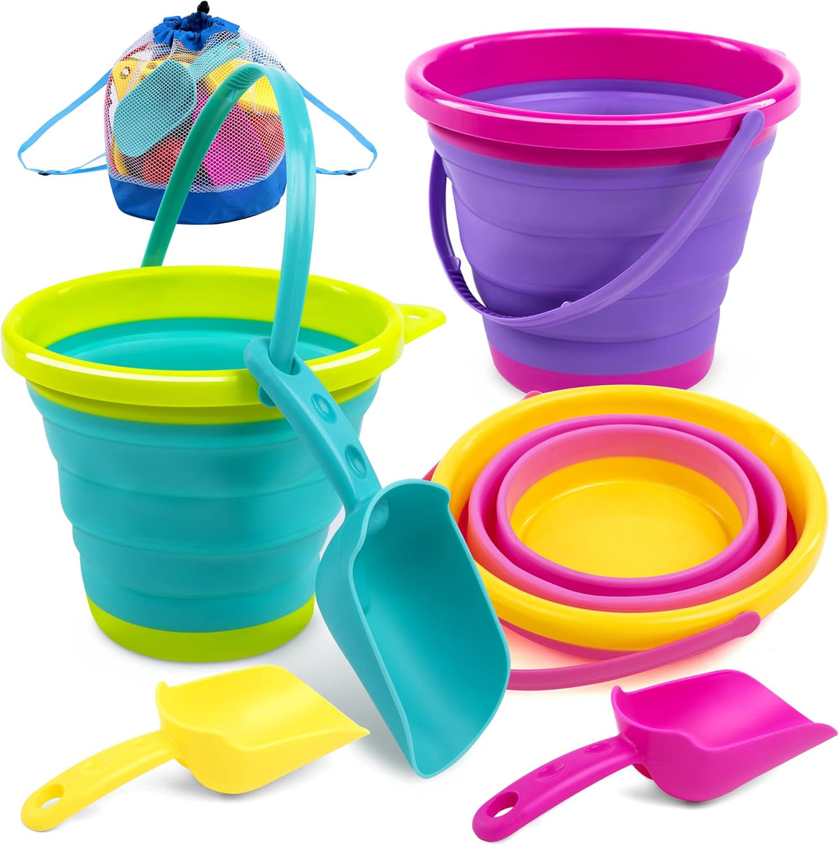 JOYIN Foldable Beach Bucket Set, Camping Gear, Travelling - Pink/Purple/Green