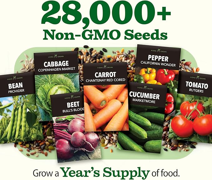 HOME GROWN 𝗨𝗦𝗔 𝗣𝗥𝗘𝗠𝗜𝗨𝗠 55 Vegetable Seeds Pack 28,000+ Non-GMO Heirloom Seeds for Planting, Spring Fall Winter Garden Kit, Survival Seed Vault for Preppers & Gardeners, Gift for Men & Women